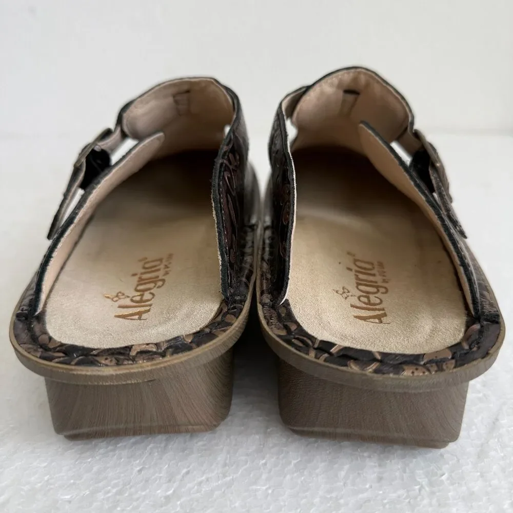 Size 40 Alegria Floral Embossed Leather Clogs Mary Jane Mule Brown Comfort Shoes - Picture 5 of 13